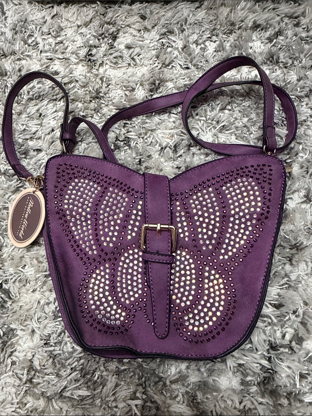 Purple Rhinestone Butterfly Crossbody Bag with Gold Buckle